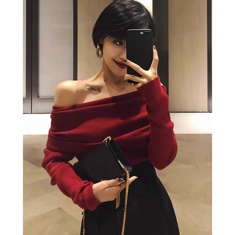 法式黑色一字肩上衣女春秋露肩设计感小众修身气质内搭长袖针织衫|undefined