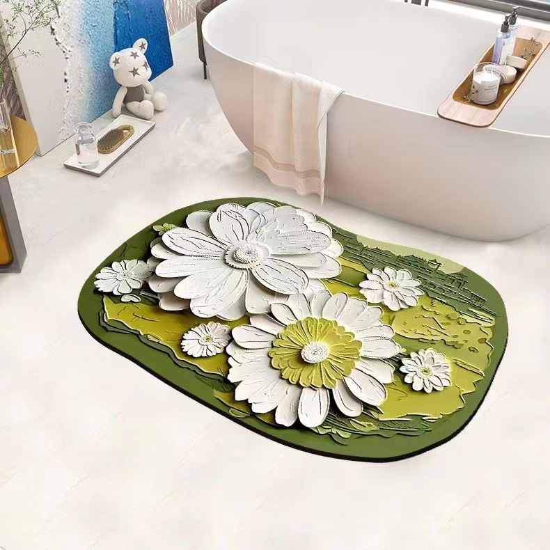Alfombra absorbente para baño con diseño de flores pintadas al óleo, alfombra suave de barro de diatomeas, alfombra para entrada de baño, alfombra antideslizante para puerta de baño