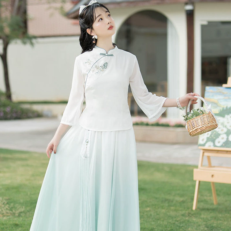 Весна и лето 2023 Новый Этнический стиль в китайском стиле из хлопка и льна с вышитым воротником Узкий костюм Tang Ретро-арт Чайная одежда костюм