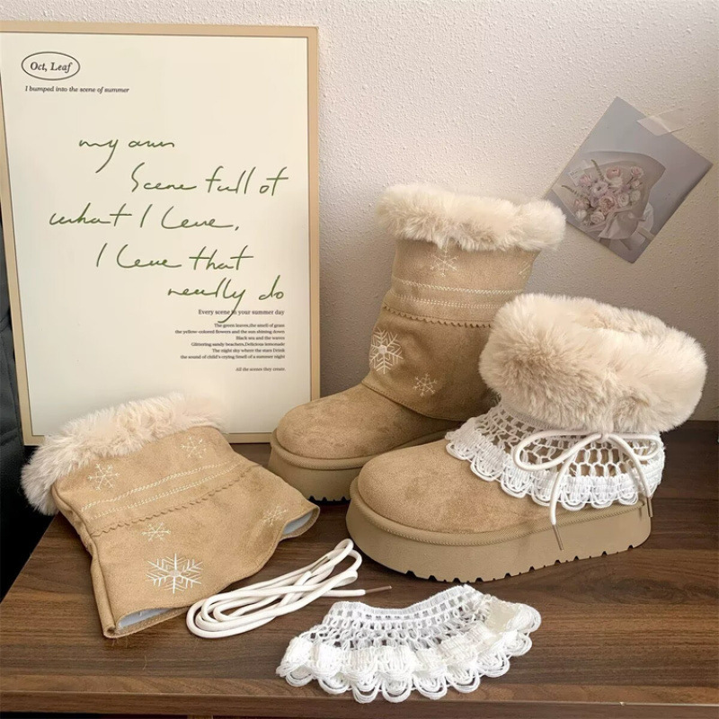 Retro white thick-soled, fleece-lined, and insulated snow boots for women, 2026 new winter collection, warm and fluffy Birkenstock-style cotton shoes