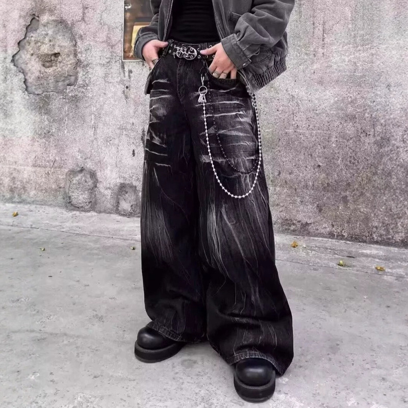 Summer American Retro Lightning Pattern Washed Straight-Leg Unisex High Street Vintage Wide-Leg Jeans Cross-Border Wholesale