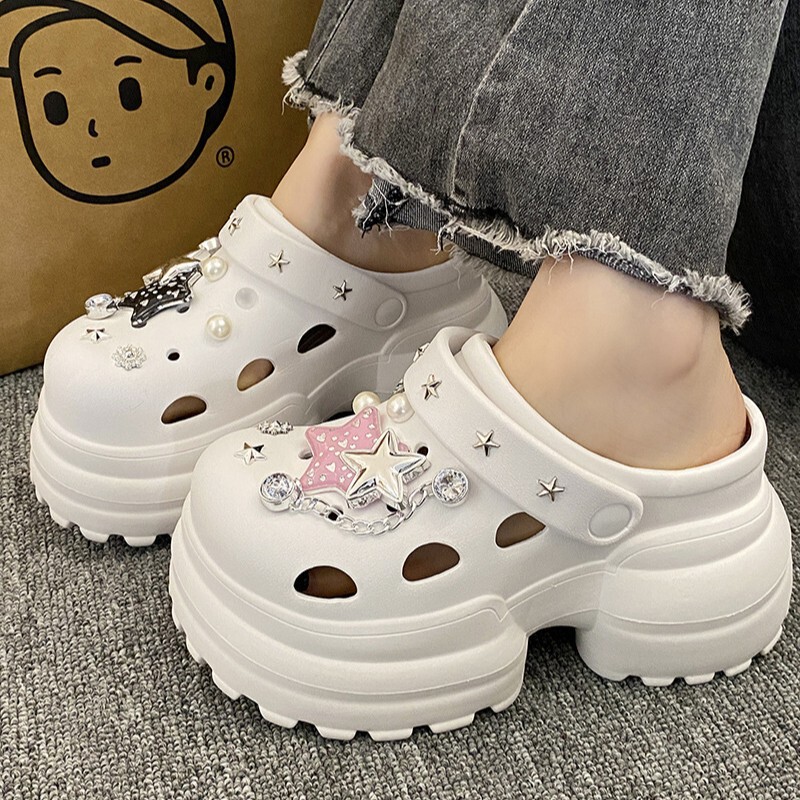 10cm Thick-soled EVA Hole Shoes Women's Outwear Heightened Baotou Slippers Women's New High-heeled Shoes Women's Sandals Beach Shoes