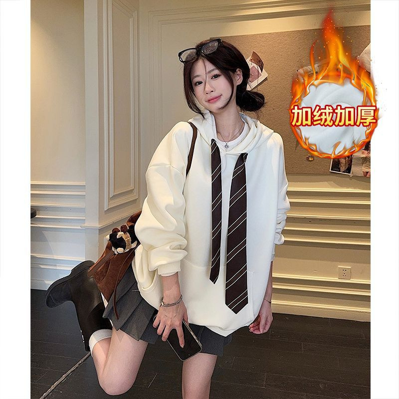 Loose Casual Sweatshirt for Women in Autumn and Winter, Lazy Large Size Hooded Tie Jacket, Preppy Style Retro Top