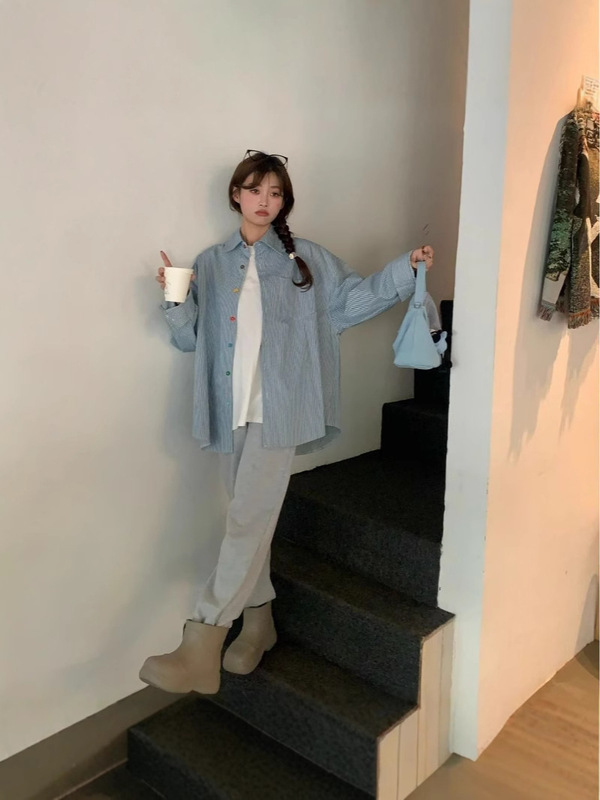 韩系彩色纽扣条纹衬衫女春秋设计感洋气小众开春爆款长袖衬衣外套|undefined