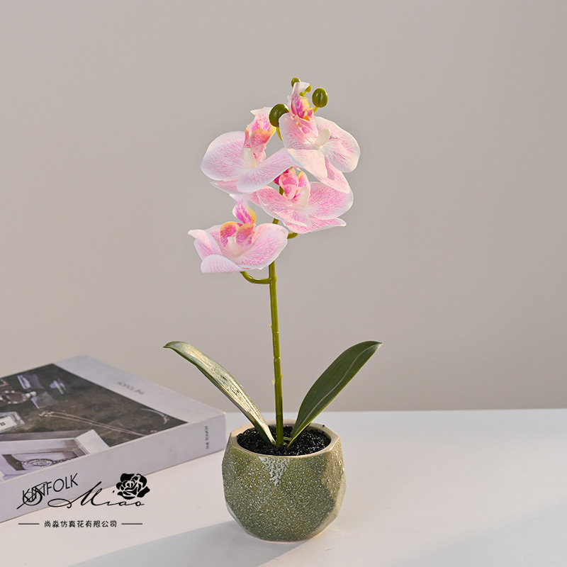 Flor artificial de Phalaenopsis de 4 flores, pequeño bonsái, decoración floral creativa y moderna, adorno, planta verde artificial, planta artificial en maceta image 4