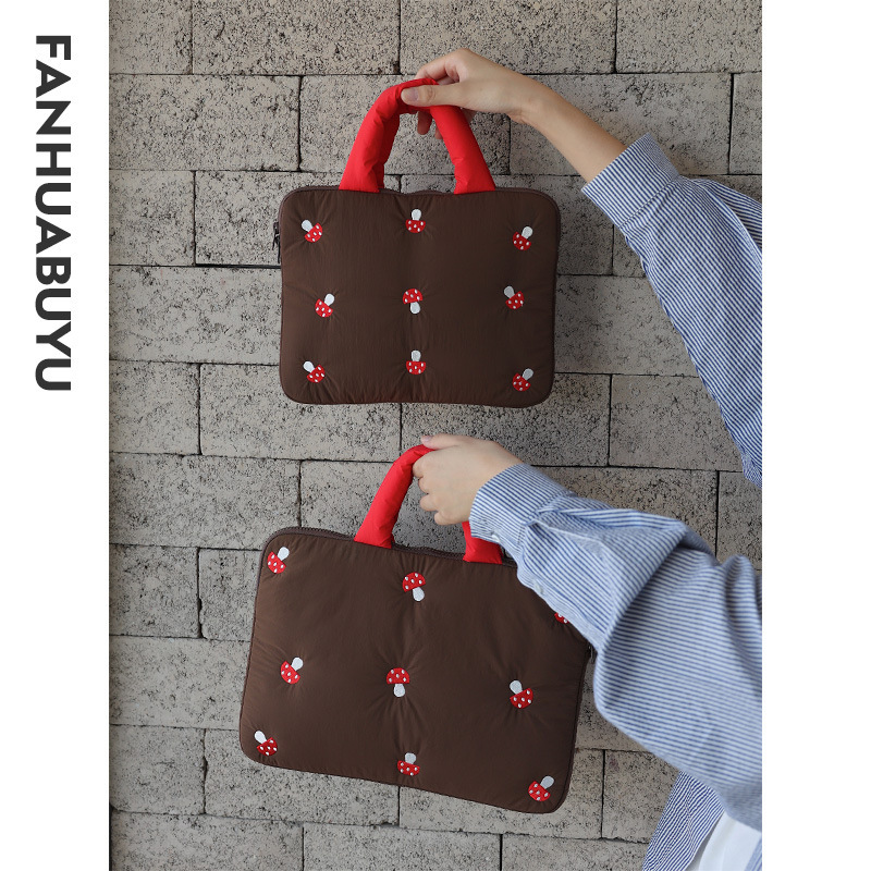 Mushroom Embroidery 13inch 11inch Laptop Handbag Female Cute High-Looking Cotton Filled Shoulder Laptop Bag