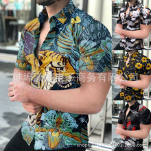 外贸EBAY速卖通亚马逊2023夏季新品男士衬衣夏威夷沙滩短袖花衬衫