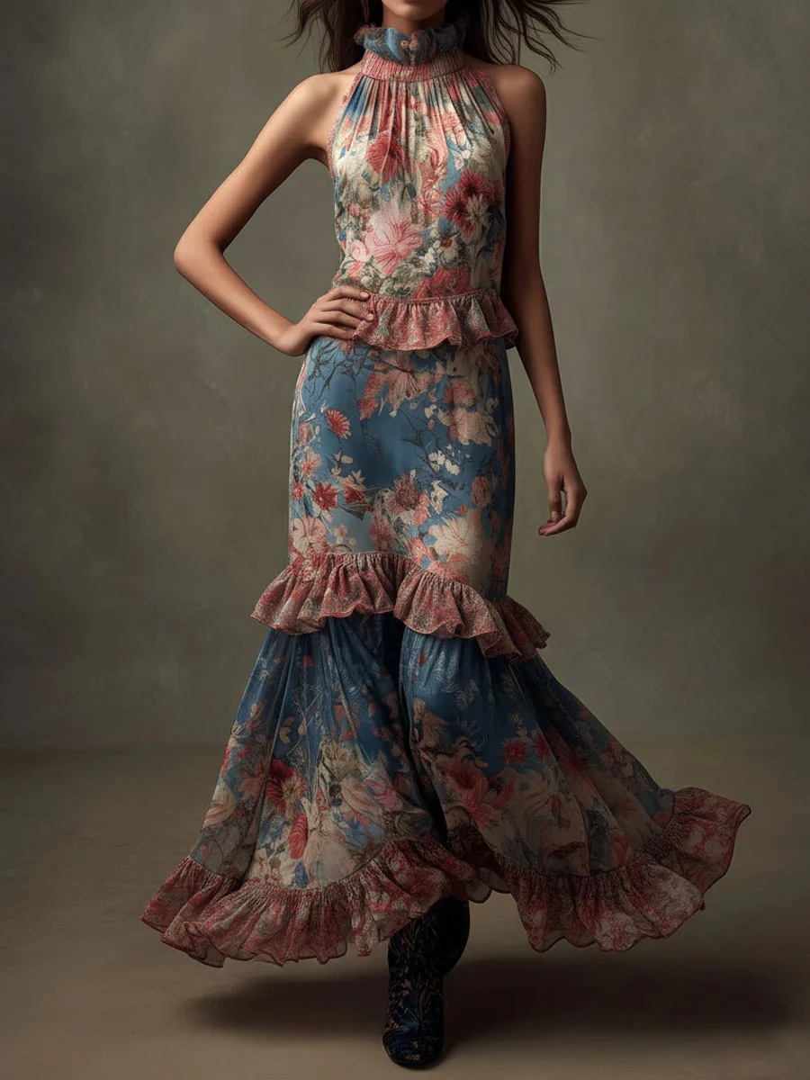 Cross-Border European and American Style Ins 2026 Summer Fashion Women's Sexy Cake Long Dress High-Waisted Retro Printed Dress