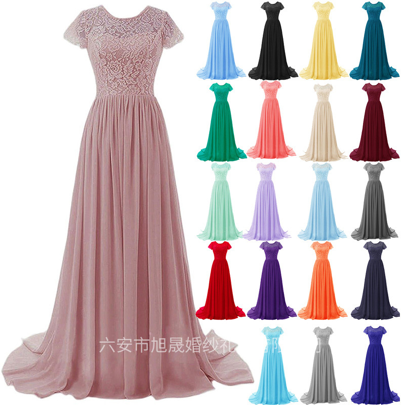 Lace Chiffon Elegant Boat Collar Short Sleeve Bridesmaid Dress Evening Dress Prom Dress Chic Elegant Dress