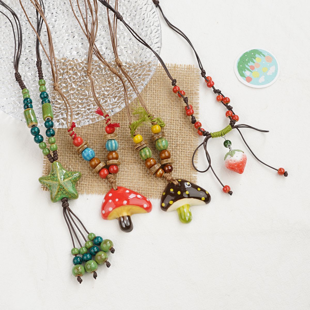 Jingdezhen ceramic mushroom necklace, popular on Xiaohongshu, new Chinese ethnic style ceramic long sweater chain, ancient style accessory for women