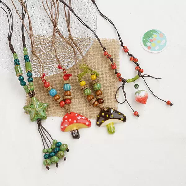 Jingdezhen ceramic mushroom necklace, popular on Xiaohongshu, new Chinese ethnic style ceramic long sweater chain, ancient style accessory for women