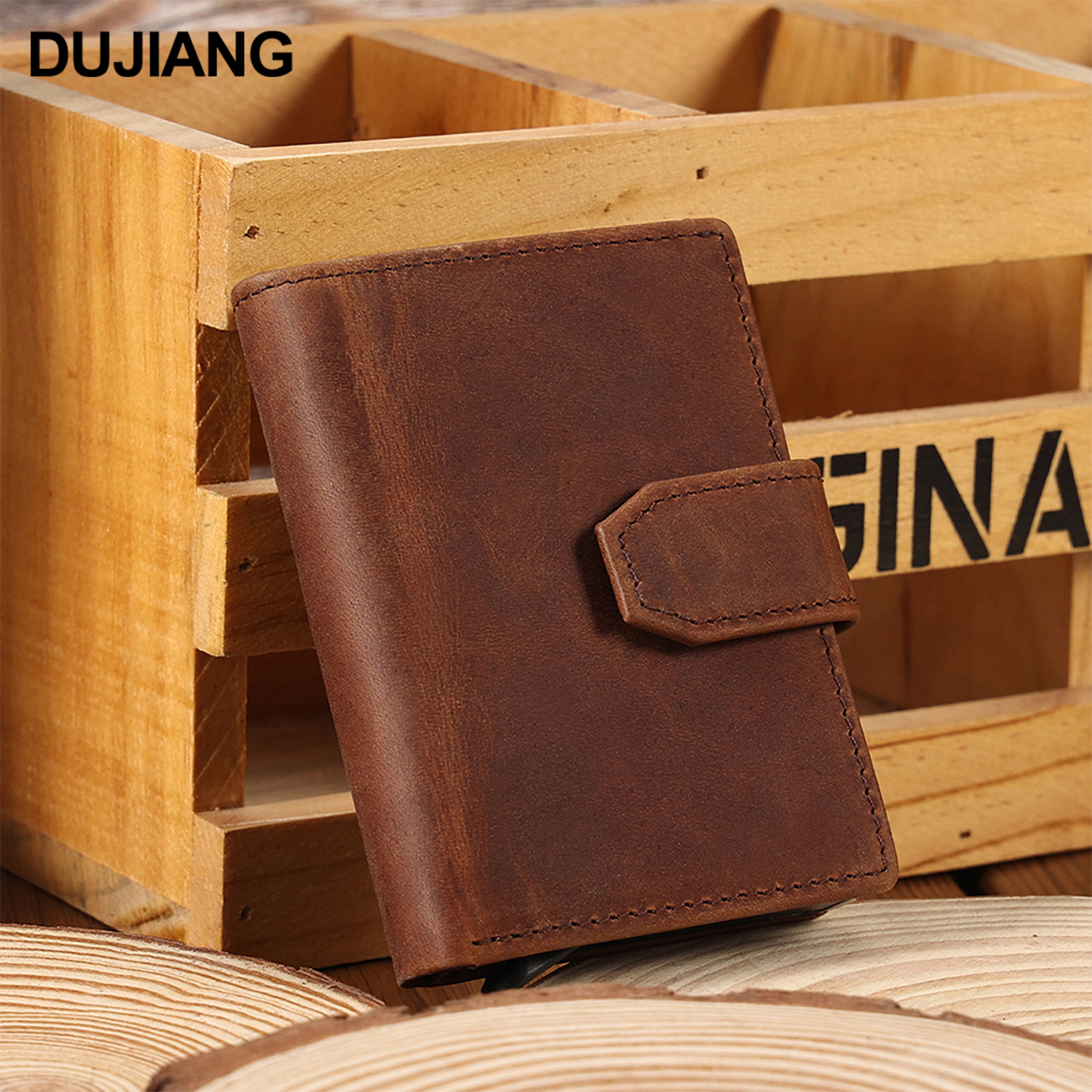 外贸自动弹卡名片夹卡包RFID商务简约短款钱夹男真皮复古男士钱包