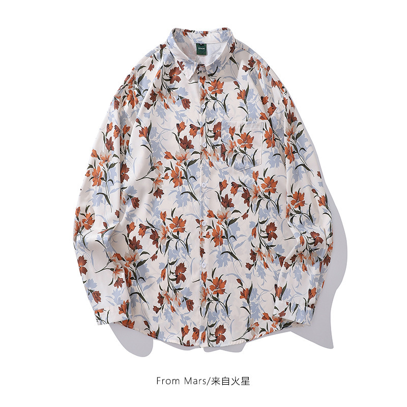 One-piece delivery Spring and Autumn new original retro floral full printed long-sleeved shirt loose casual shirt for boys and girls One-piece delivery Spring and Autumn new original retro floral full printed long-sleeved shirt loose casual shirt for boys and girls