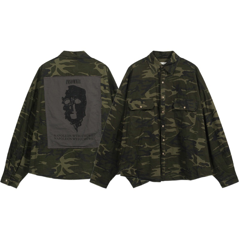 Calle undermycar lavado viejo oscuro Plaid Patch camuflaje hombres delgados y mujeres camisa casual suelta moda