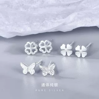 s999纯银清新甜美小清新蝴蝶四叶草通体纯银小巧精致耳钉女