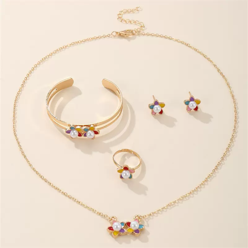 儿童时尚套装滴油小花珍珠吊坠项链耳环手镯戒指四件套女童饰品