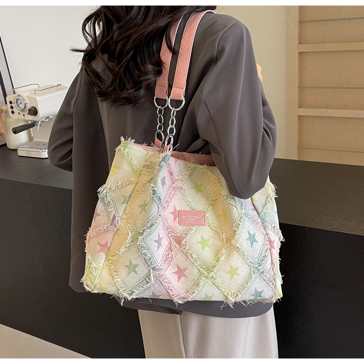 Frayed Star Patchwork Denim Chain Tote Bag 23