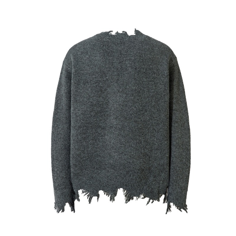 Pull zippé à ourlet endommagé de la rue haute, pull en tricot de niche hip-hop surdimensionné de marque de mode américaine pour hommes_voghion.com