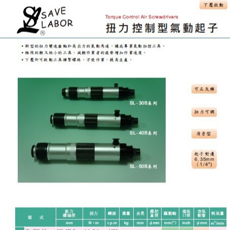 批发供应台湾省力SAVE LABOR品牌扭力控制气动螺丝刀SL-40B-08