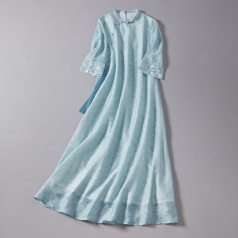Chan Tea Fu 2022 Spring and Summer New Chinese Style Tea Clothing Women's Stand Collar Tencel Jacquard Embroidered Vintage Cheongsam Dress Chan Tea Fu 2022 Spring and Summer New Chinese Style Tea Clothing Women's Stand Collar Tencel Jacquard Embroidered Vintage Cheongsam Dress
