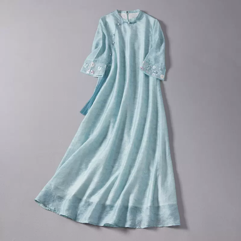 婵茶赋2022春夏新款中国风茶服女立领天丝提花刺绣复古旗袍连衣裙