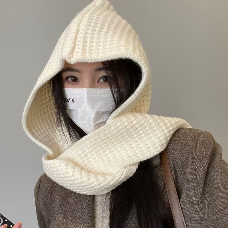 Hooded Shawl Hat Scarf Two-Piece Set Solid Color Warm Autumn and Winter Dual-Use Knitted Cape Versatile Fashion