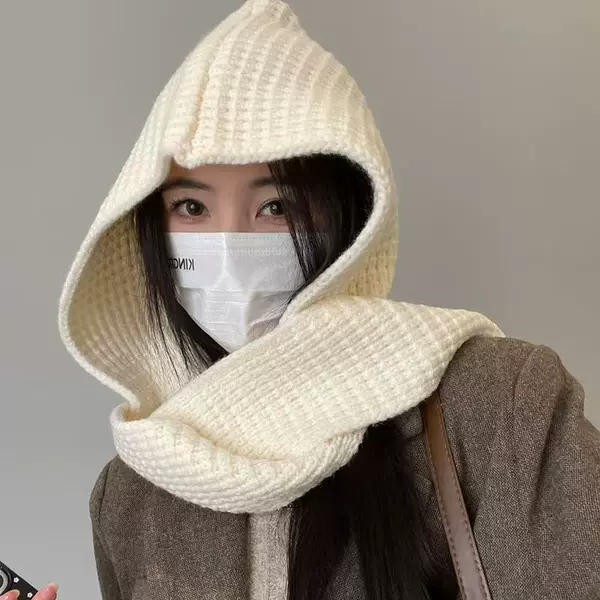 Hooded Shawl Hat Scarf Two-Piece Set Solid Color Warm Autumn and Winter Dual-Use Knitted Cape Versatile Fashion