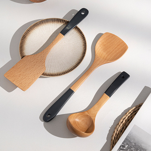 Wooden spatula wholesale beech wood long handle cooking spatula household non-stick pot wooden spatula rice spoon wooden soup spoon kitchen utensil set