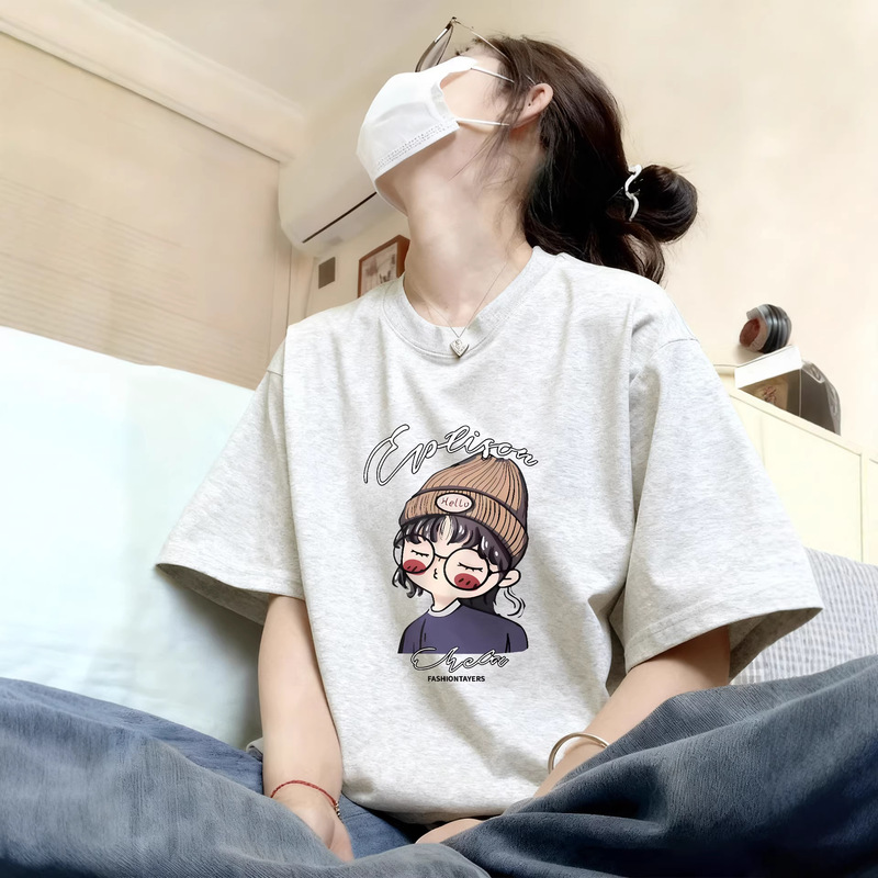 Cat-Themed White and Gray Pure Cotton Short-Sleeve T-Shirt for Women, 2026 New Popular Summer High-End Chic Unique Top Trendy