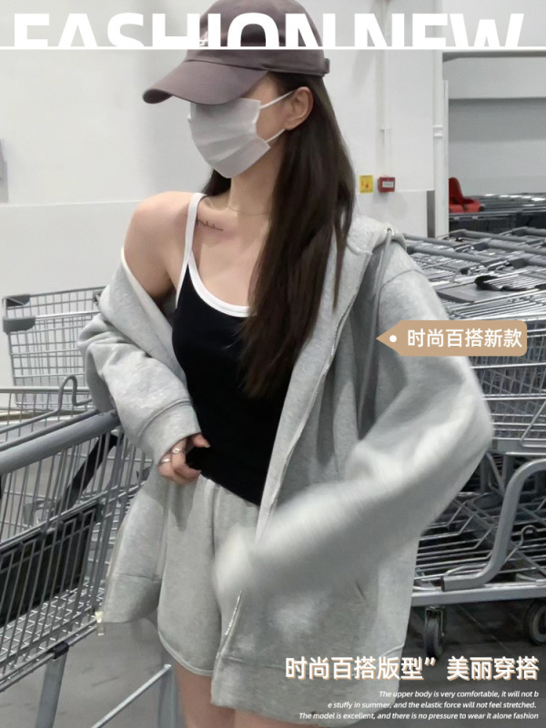 连帽卫衣外套女春秋季2025新款宽松遮肉显瘦浅灰色小个子运动开衫|undefined