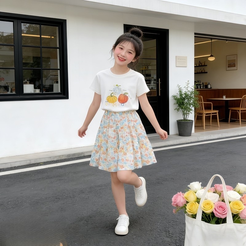 女童套装夏季2026新款儿童碎花半身裙女孩夏装短袖T恤两件套洋气