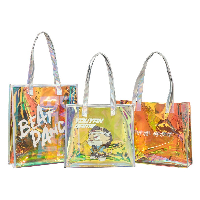 Bolsa de regalo transparente de PVC, bolso de mano de plástico colorido con efecto láser, bolsa de gelatina con efecto láser y logotipo personalizado de TPU
