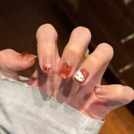 新款复古豹纹显白kitty猫眼穿戴甲短款高级可爱秋冬卡其手工美甲