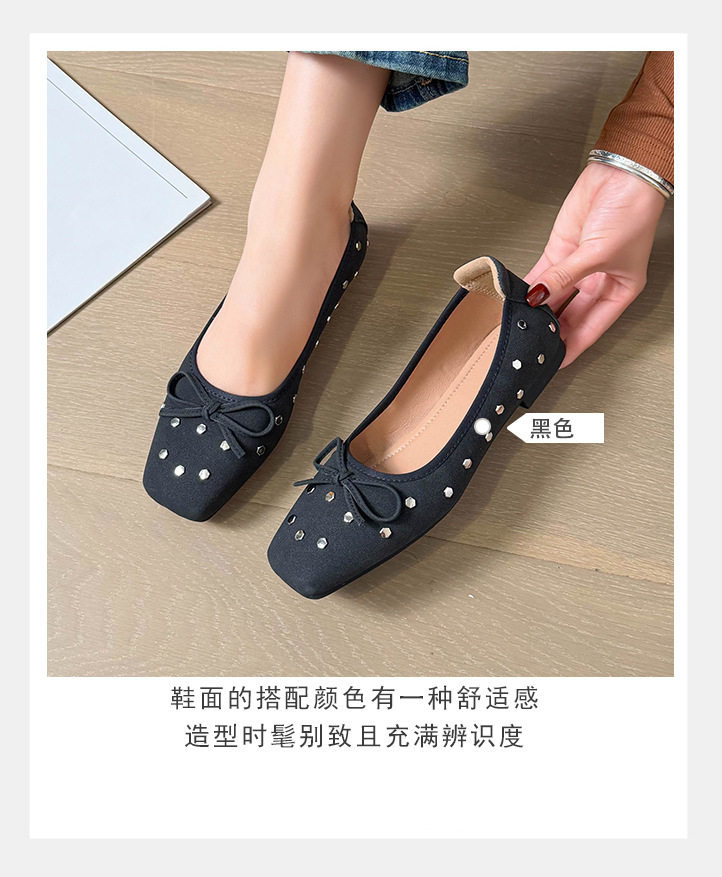 Giày bệt nữ mũi vuông đính đinh tán và nơ, bít mũi cổ thấp, đế bằng — Màu be, màu vàng, màu đen chi tiết 8