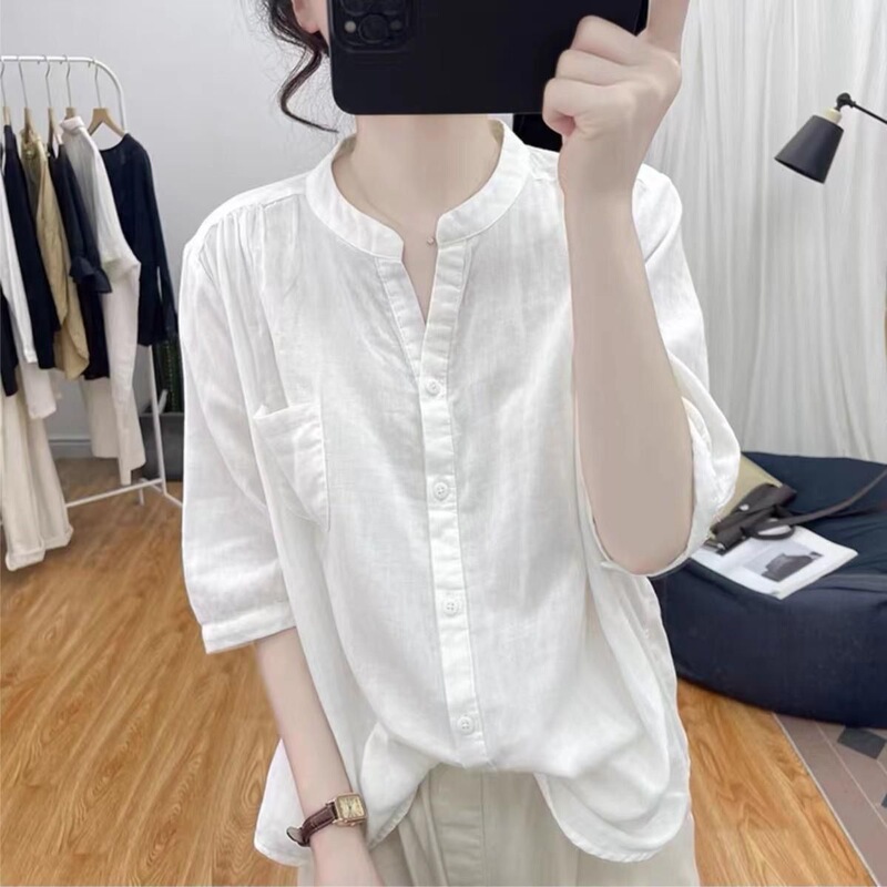 Fresh and Simple Women's Loose-Fitting Shirt, Versatile White Retro Casual Top, Summer Simple New Style with Five-Point Design Fresh and Simple Women's Loose-Fitting Shirt, Versatile White Retro Casual Top, Summer Simple New Style with Five-Point Design