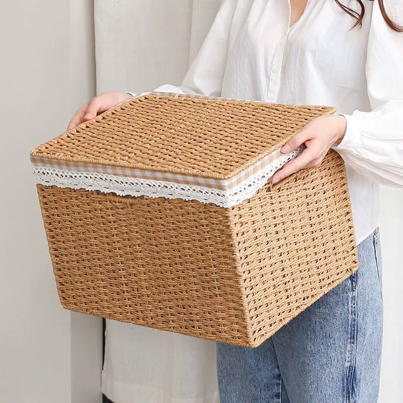 Бытовой ящик для хранения, шкаф для одежды и мелочей, ящик для хранения из искусственного ротанга, соломенная японская тканая корзина для хранения с крышкой