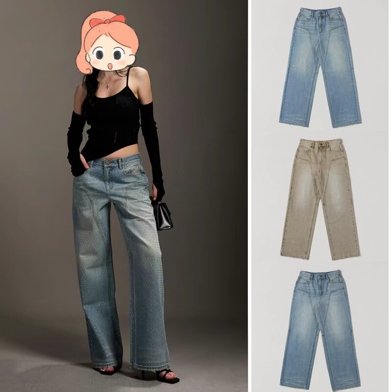 S K Phantom Statue Straight-Leg Jeans Cotton Full-Diamond Rhinestone Pants Celebrity Style S K Phantom Statue Straight-Leg Jeans Cotton Full-Diamond Rhinestone Pants Celebrity Style