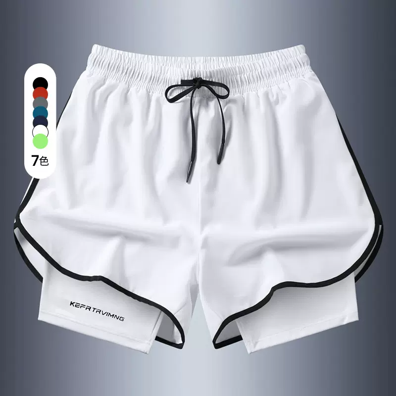 跨境男夏季运动短裤男女同款冰丝休闲透气宽松假两件跑步裤速干潮