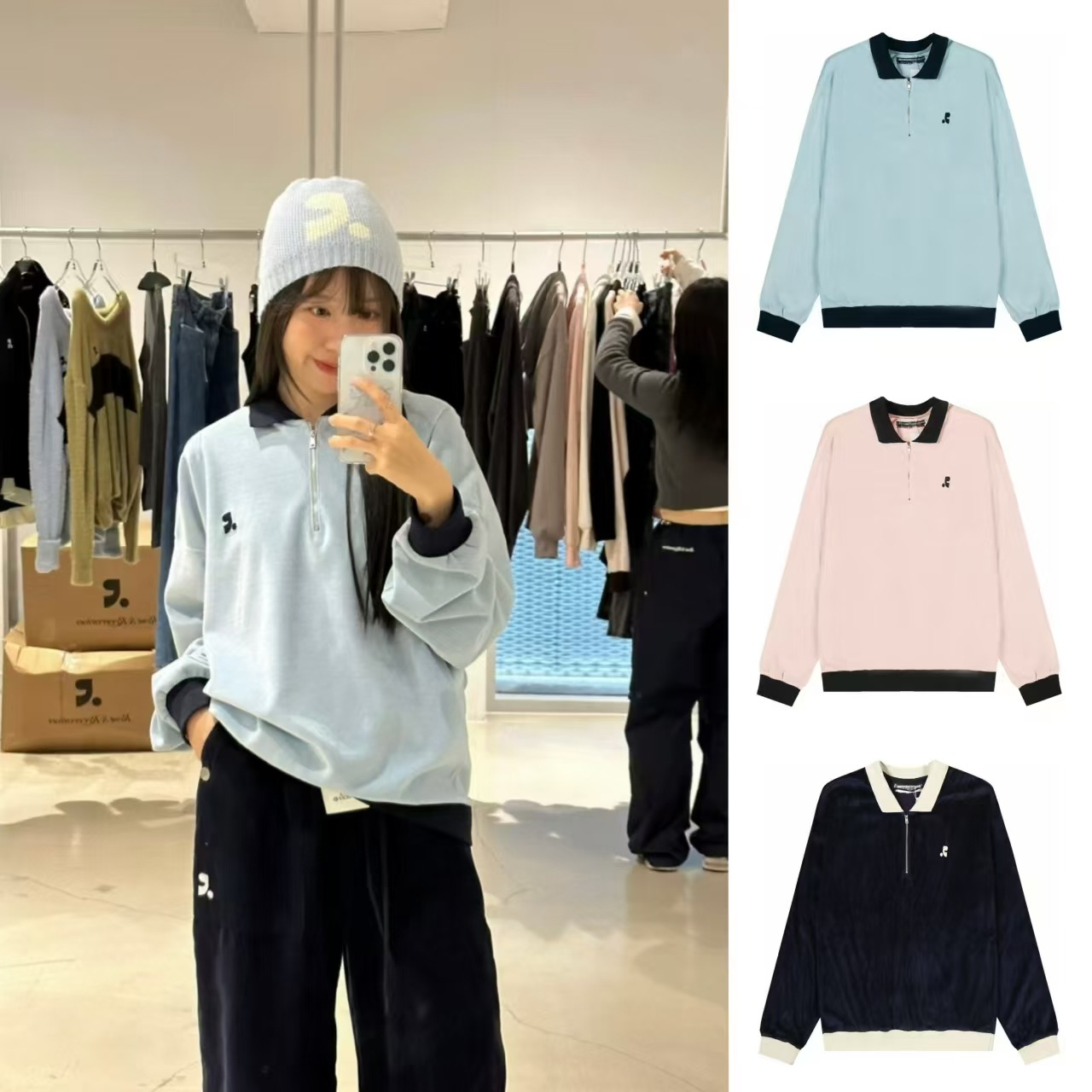 한국 RESTANDRECREATION HALF ZIP 폴로 컬러 블록 자수 벨벳 긴 소매 스웨터 트렌디