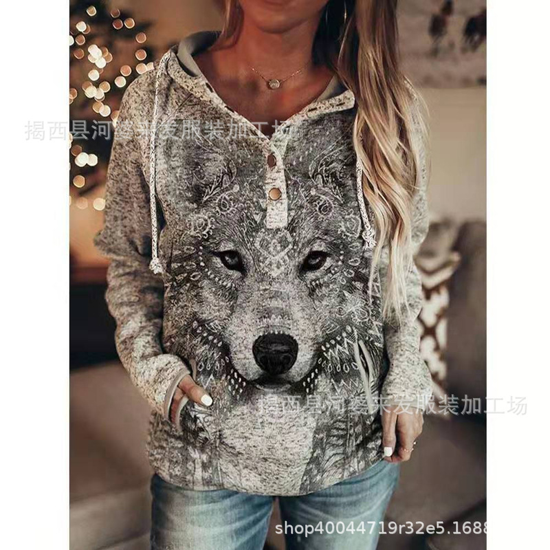 Cross-Border Amazon Europe and America 2025 Spring and Autumn New Women's Clothing Cartoon Animal Wolf Print Casual Loose Hooded Sweatshirt