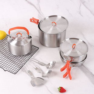 Cross-Border Outdoor Camping Pot Tableware Set Kettle Frying Pan Stew Pot Set Three-Piece Set Folding Pot Spoon Shovel