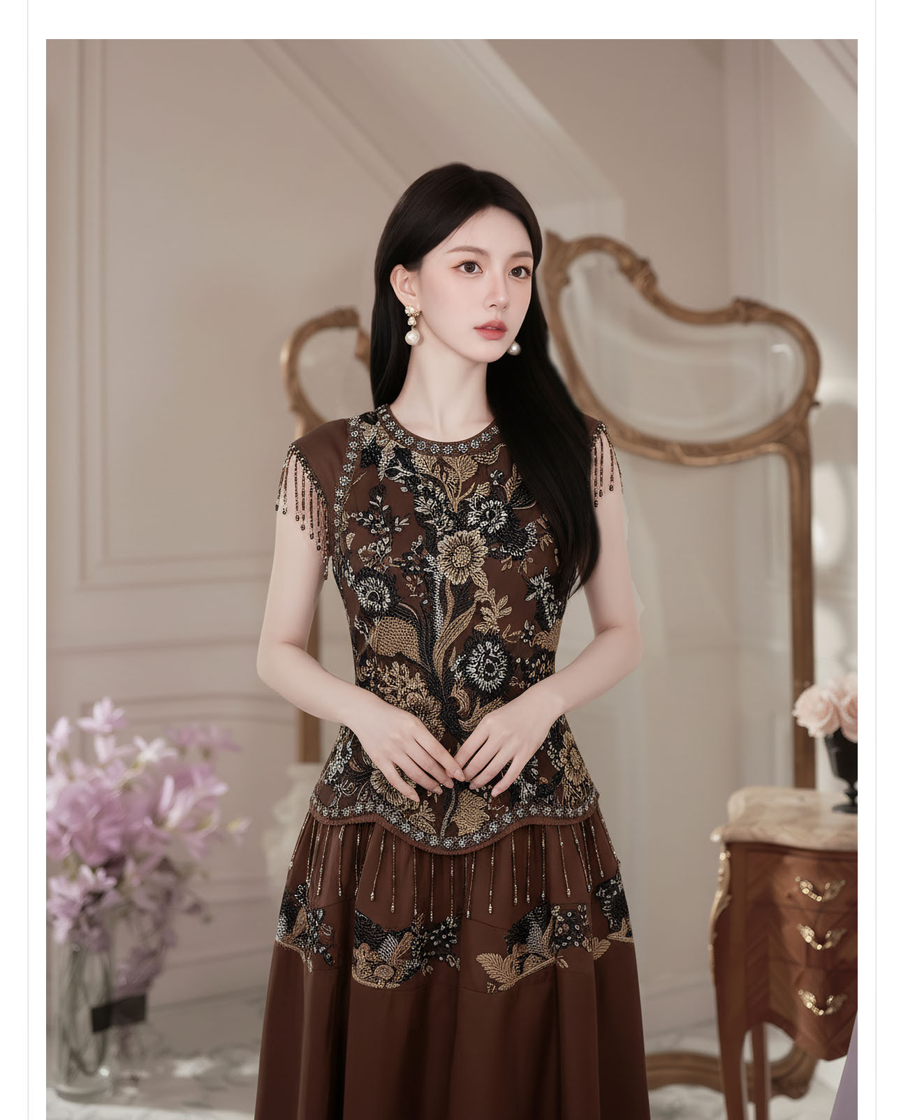 Đầm maxi nữ thắt eo phong cách Tân Trung Hoa, cổ tròn, đính cườm thêu ren, thiết kế vintage — Màu cà phê chi tiết 4