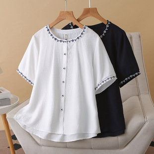 2025 Summer Plus Size Women's Shirt Short-Sleeved Embroidered Round Neck Cardigan Thin Fat mm Niche Elegant Shirt 2542
