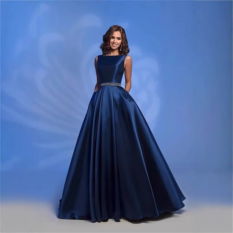 European and American Aliexpress Foreign Trade Evening Dress, High-End Satin Cross-Border Ball Gown, Long Simple and Elegant Dress