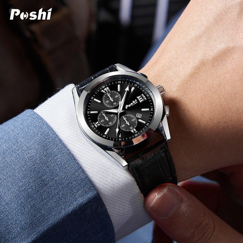 POSHI nuevos hombres de la correa de reloj de cuarzo calendario impermeable simple reloj de imitación de los hombres de tres ojos reloj al por mayor