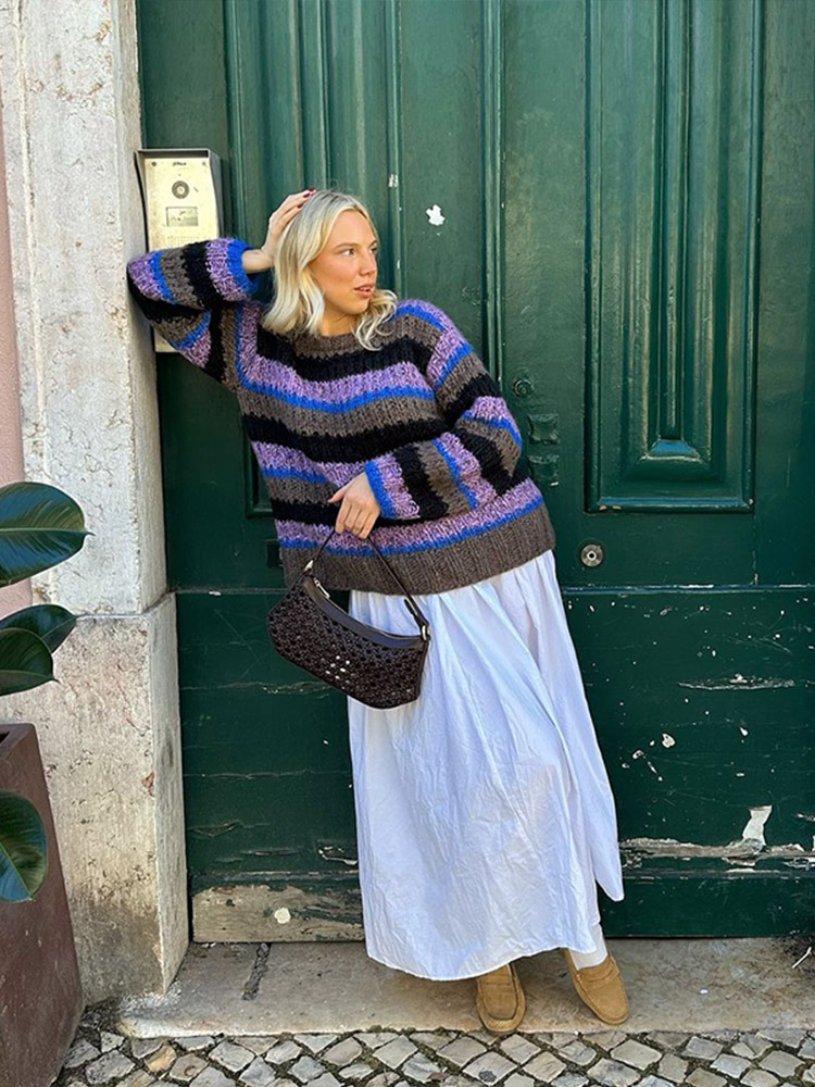 Modas de moda, temperamento relajado, suéter de punto a rayas de contraste de color para mujeres 2025, otoño y invierno, nuevo estilo transfronterizo europeo y americano image 4