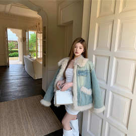 美式毛绒拼接牛仔毛边外套女2025新款冬季夹棉保暖加厚毛毛棉服潮