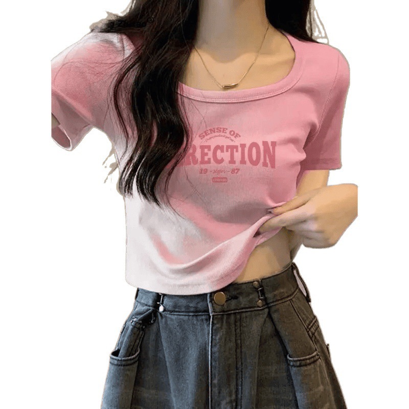 女性用ショートスクエアネック半袖Tシャツ、夏用右肩スリムフィットショートハイウエストニッチへそ出しホットガールトップス小柄な人向け|undefined