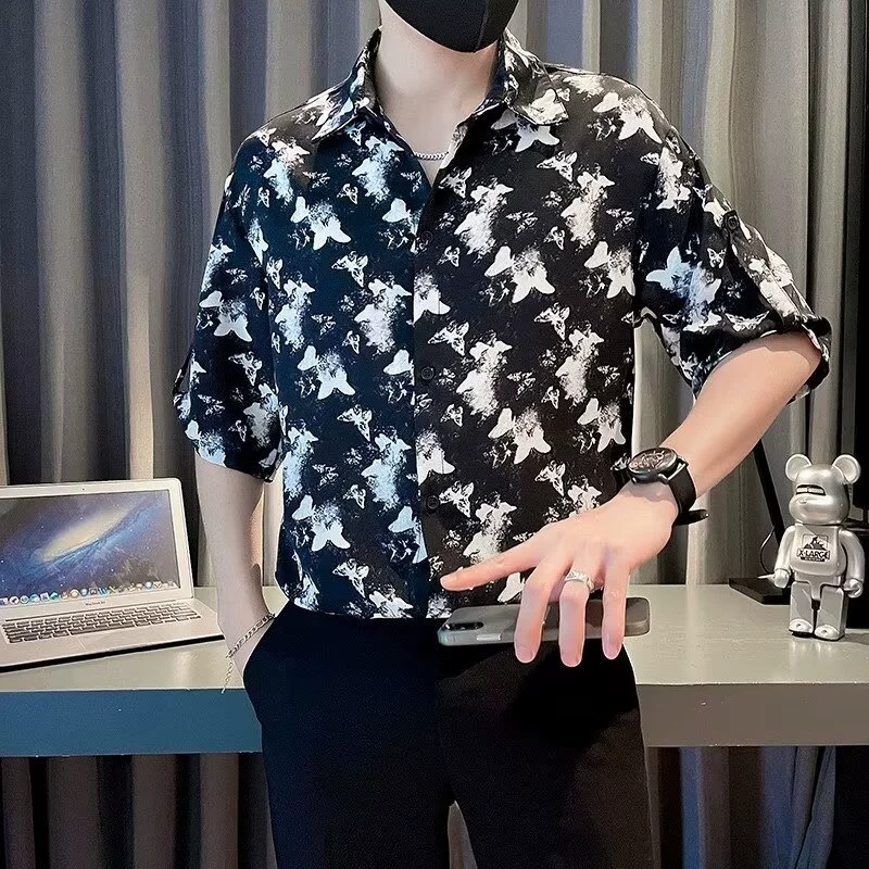 Удлиненный оттенок бабочки с принтом рубашка с короткими рукавами для мужчин летом тонкая рубашка с средним рукавом