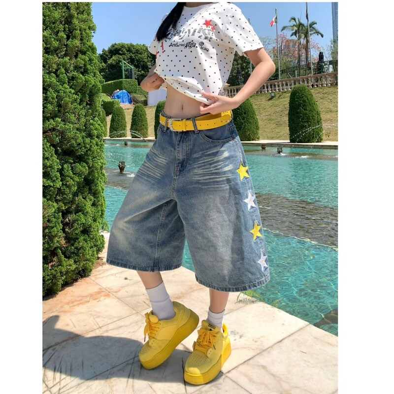 Star Embroidery Washed Wide-Leg Denim Shorts for Women and Men, Summer Loose Straight Mid-Length Casual Versatile Cropped Pants